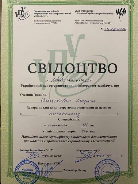 Психоаналіз: цикл теоретичного навчання — документ Марти Онишкевич
